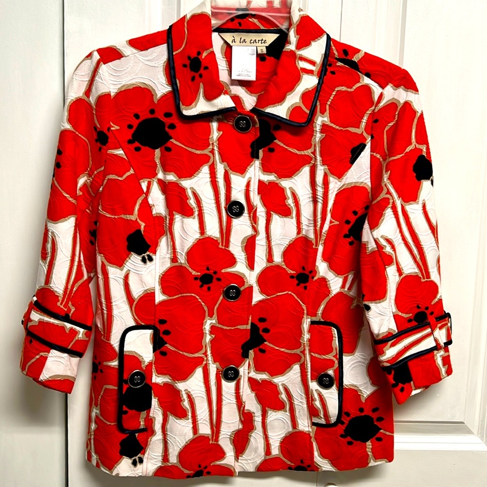 A La Carte White Orange Floral Print Mid Sleeve Jacket Size S